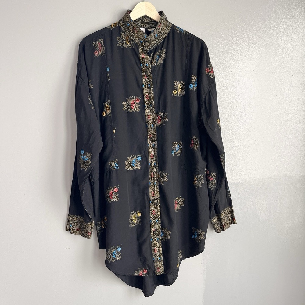 Vintage Passports Pier 1 Long Shirt Tunic Asian Inspired Embroidered L *Hole